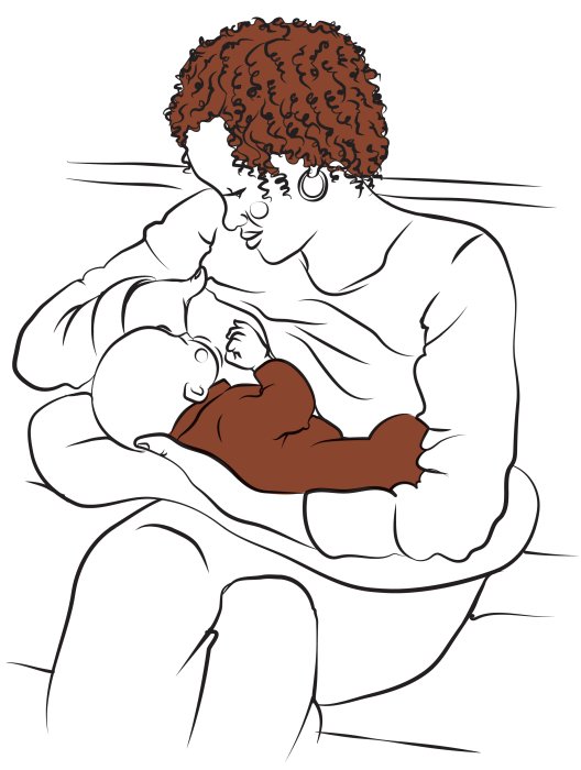 Illustration einer Mutter, die ihr Baby im Sitzen stillt (Kreuzgriff)